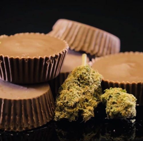 Cannabis chocolate peanut butter cups with caramel sauce