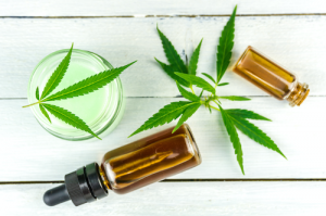 Bottle of cannabis oil and weed topicals for CBD skin care.