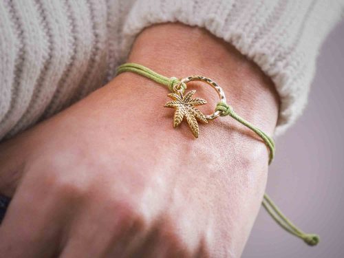 Lady model wearing weed leaf bracelet