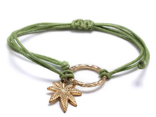 Gold Marijuana Leaf Bracelet with green rope