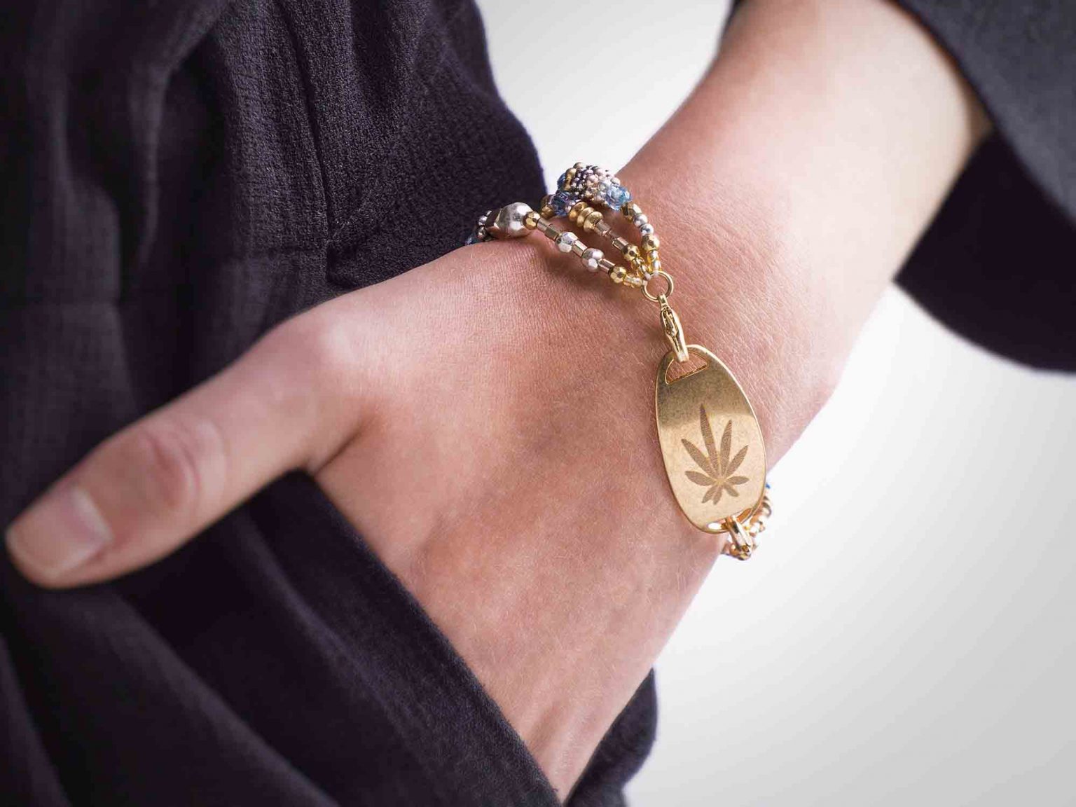 Weed Leaf Engraved Gold Plate Bracelet | Cannabis Jewelry