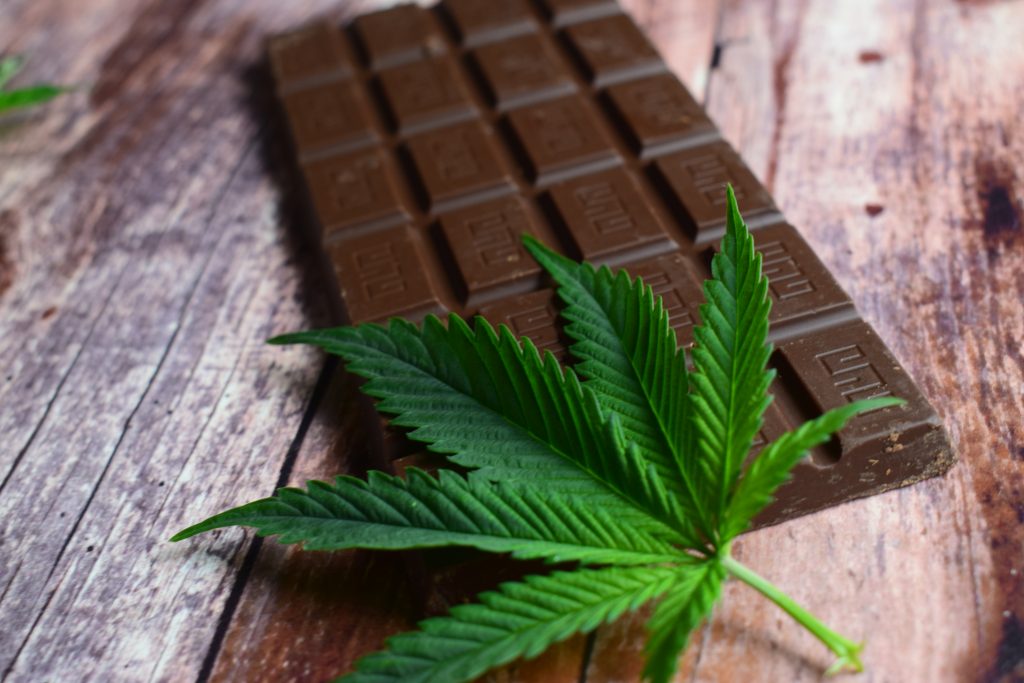 cannabis chocolate bar with weed leaf